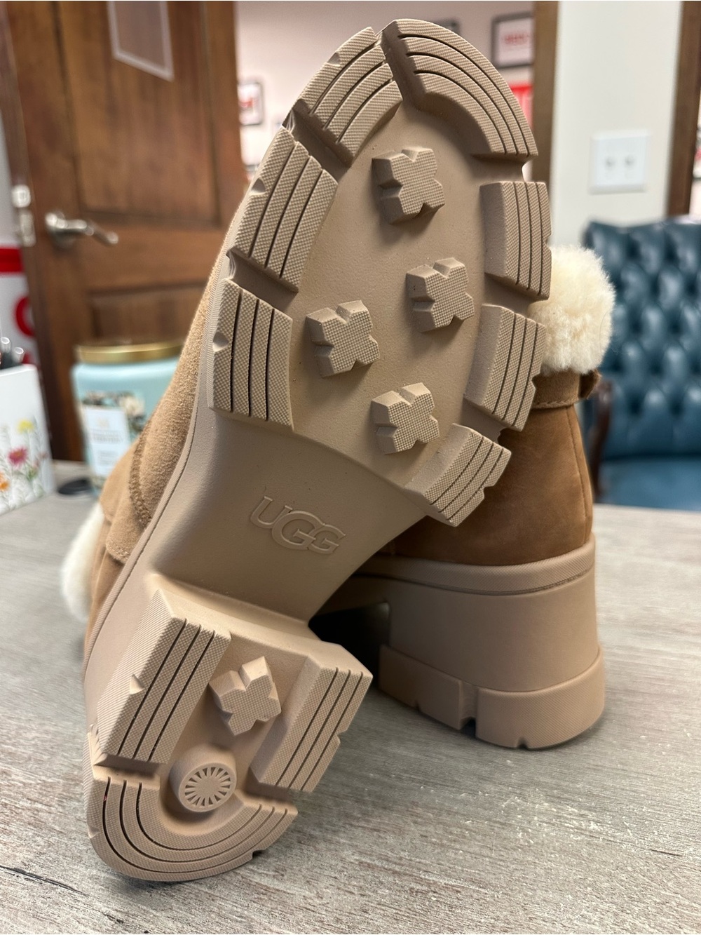 UGG Chestnut Suede Shearling-Cuff Platform Booties - Picture 3 of 3